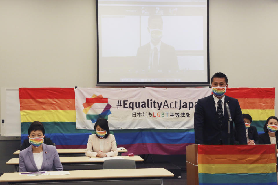 Japanese lawmaker Goshi Hosono speaks during a meeting of "LGBT Equality Law" in Tokyo, Tuesday, April 27, 2021. (AP Photo/Koji Sasahara)
