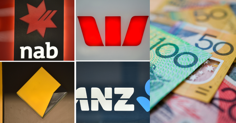 Logos of the big four banks with Australian cash