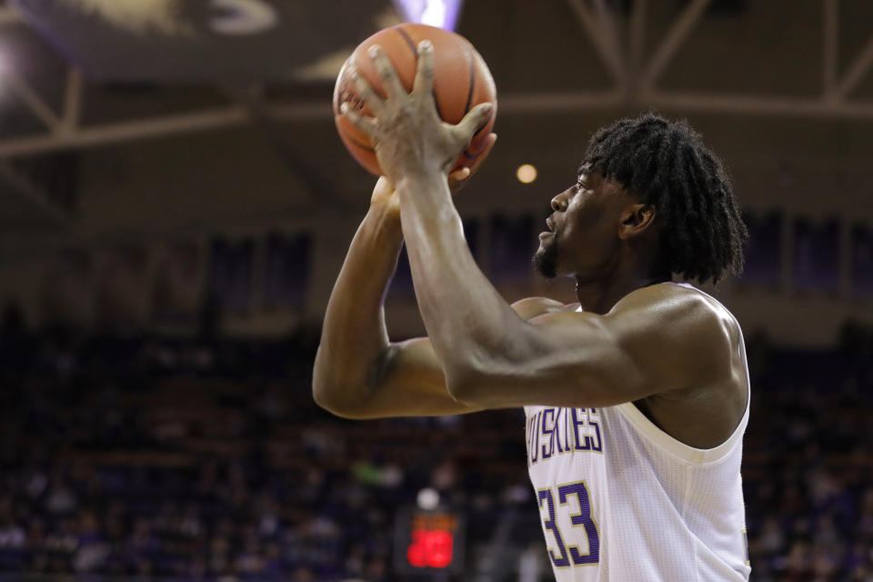 Washington forward Isaiah Stewart shoots during the second half of the team's NCAA college basketball game against California, Saturday, Feb. 22, 2020, in Seattle. Washington won 87-52. (AP Photo/Ted S. Warren)