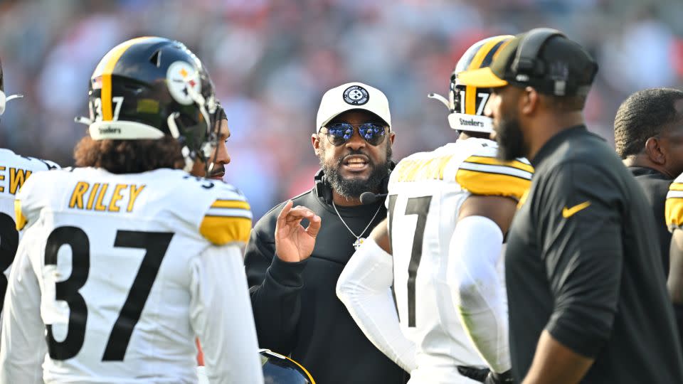 Tomlin talks to his players during the second quarter of a game against the Cleveland Browns in the 2023 season. - Jason Miller/Getty Images