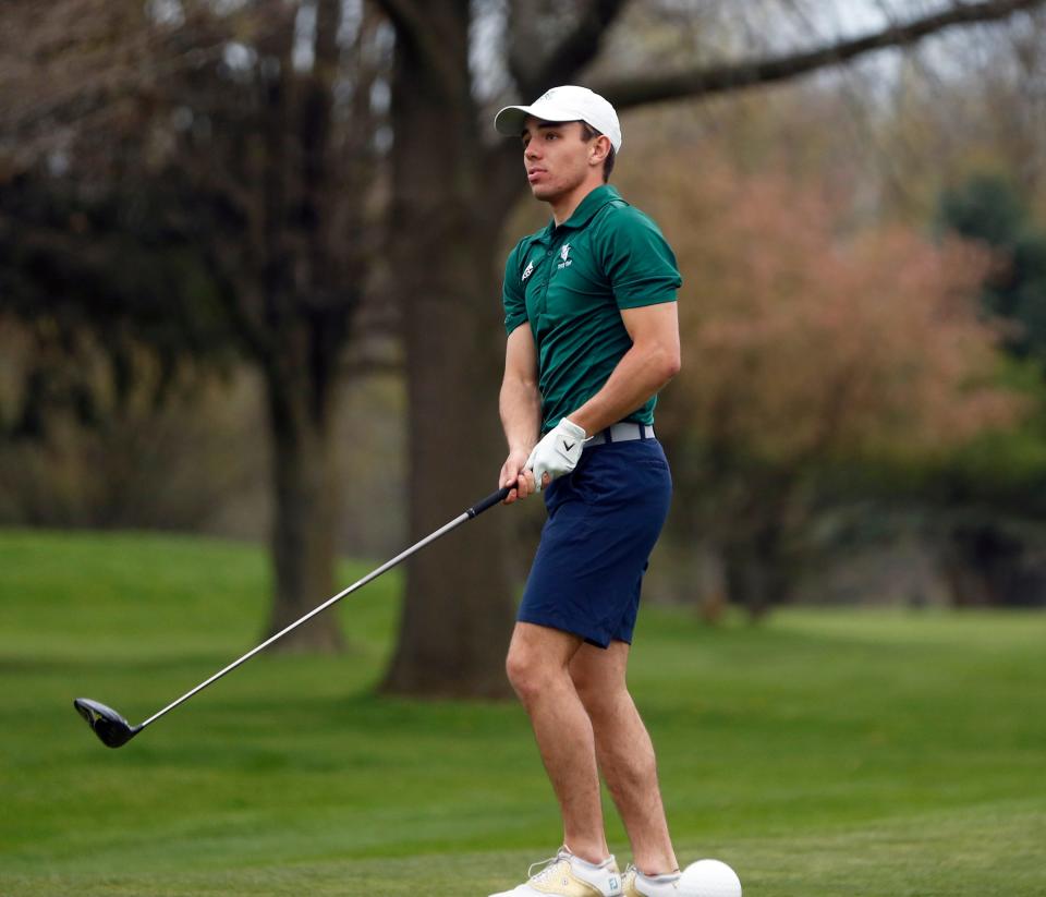 South Bend Trinity at Greenlawn senior Jacob Palmer watches his tee shot on the ninth hole during a match with Elkhart Christian Academy Tuesday, April 16, 2024, at Bent Oak GC in Elkhart.