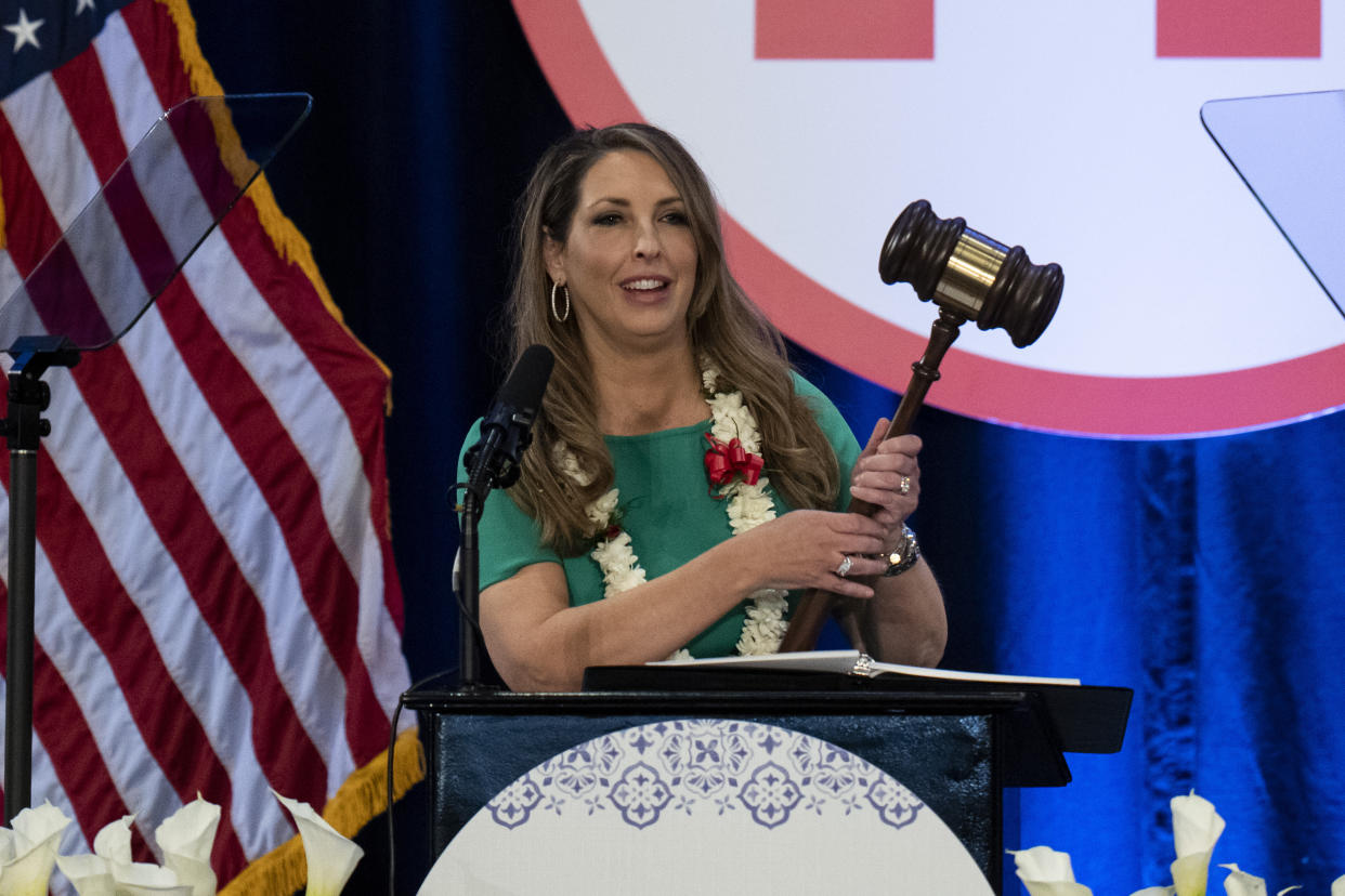 Re-elected Republican National Committee Chair Ronna McDaniel holds a gavel while speaking at the committee's winter meeting in Dana Point, Calif., Friday, Jan. 27, 2023. (AP Photo/Jae C. Hong)