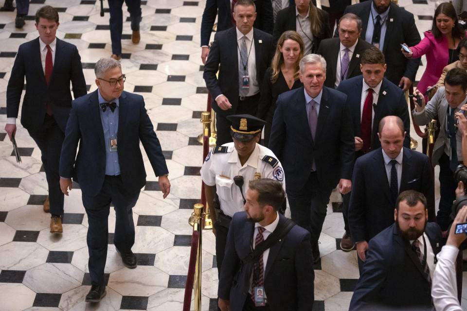 Rep. Kevin McCarthy, R-Calif., leaves the House floor after being ousted as Speaker of the House at the Capitol in Washington, Tuesday, Oct. 3, 2023. (AP Photo/Mark Schiefelbein)