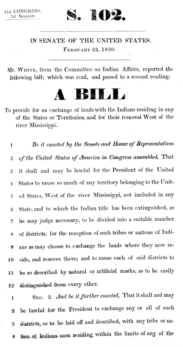 An image shows a page from the bill that would go on to become the Indian Removal Act of 1830.