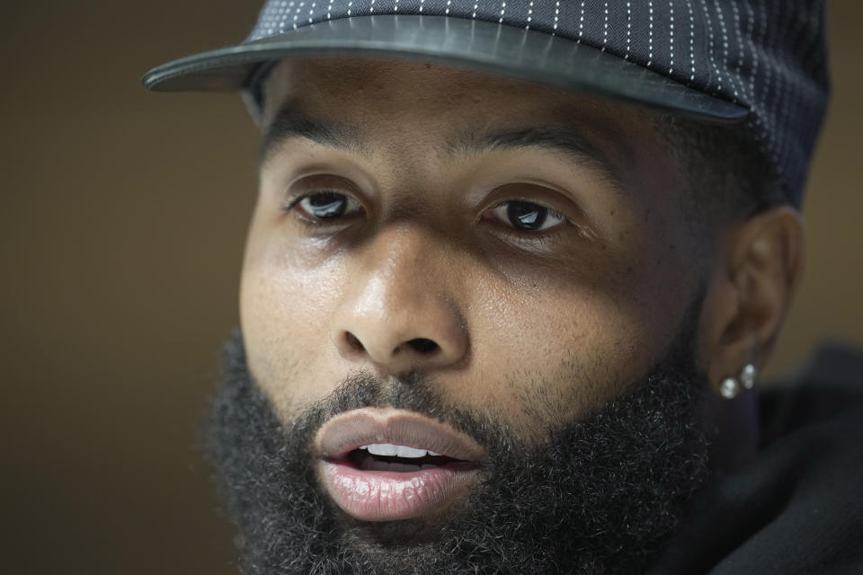 Baltimore Ravens wide receiver Odell Beckham Jr. attends a press conference after an NFL practice session in London, Thursday, Oct. 12, 2023 ahead the NFL game against Tennessee Titans at the Tottenham Hotspur Stadium on Sunday. (AP Photo/Kin Cheung)