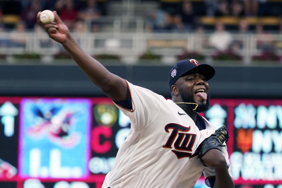 Minnesota Twins pitcher Michael Pineda throws against the Kansas City Royals in the first inning of a baseball game, Saturday, Sept. 11, 2021, in Minneapolis. (AP Photo/Jim Mone)