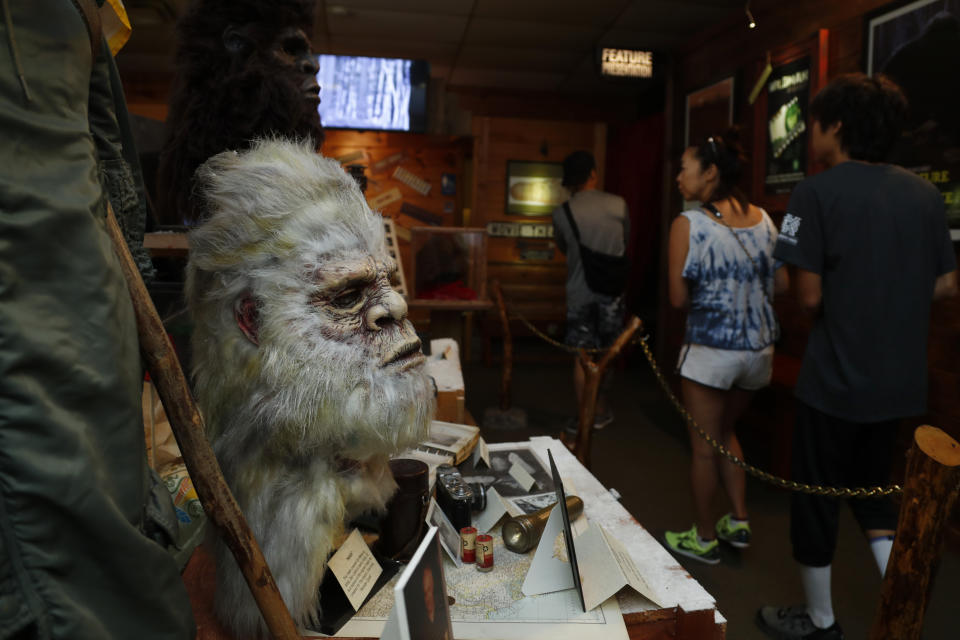 This Aug. 8, 2019, photo shows a Bigfoot mask and other items donated by the family of Yeti researcher Tom Slick on display at Expedition: Bigfoot! The Sasquatch Museum in Cherry Log, Ga. The owner of this intriguing piece of Americana at the southern edge of the Appalachians is David Bakara, a longtime member of the Bigfoot Field Researchers Organization who served in the Navy, drove long-haul trucks and tended bar before opening the museum in early 2016 with his wife, Malinda. (AP Photo/John Bazemore)