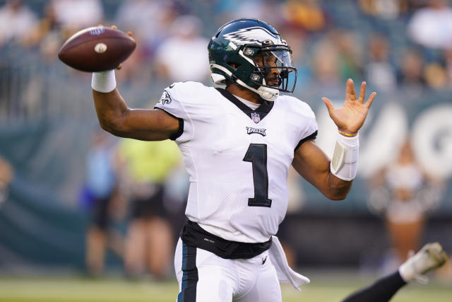 Philadelphia Eagles quarterback Jalen Hurts (1) looks on during the NFL  divisional round playoff football game against the New York Giants, Saturday,  Jan. 21, 2023, in Philadelphia. (AP Photo/Chris Szagola Stock Photo - Alamy