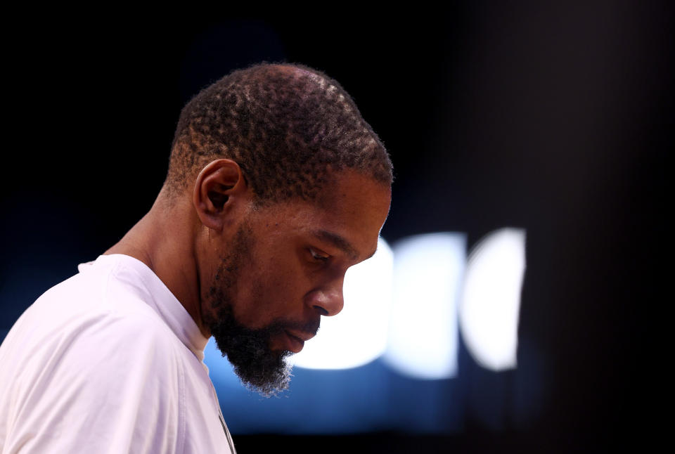 The services of Brooklyn Nets superstar Kevin Durant, one of the greatest players of his generation, are available for the right price.  (Elsa/Getty Images)