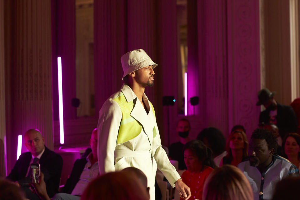 A look from Emmanuel Okoro’s Emmy Kasbit collection at the Africa Fashion Up event in Paris. - Credit: Bruno Levy/Courtesy of Share Africa