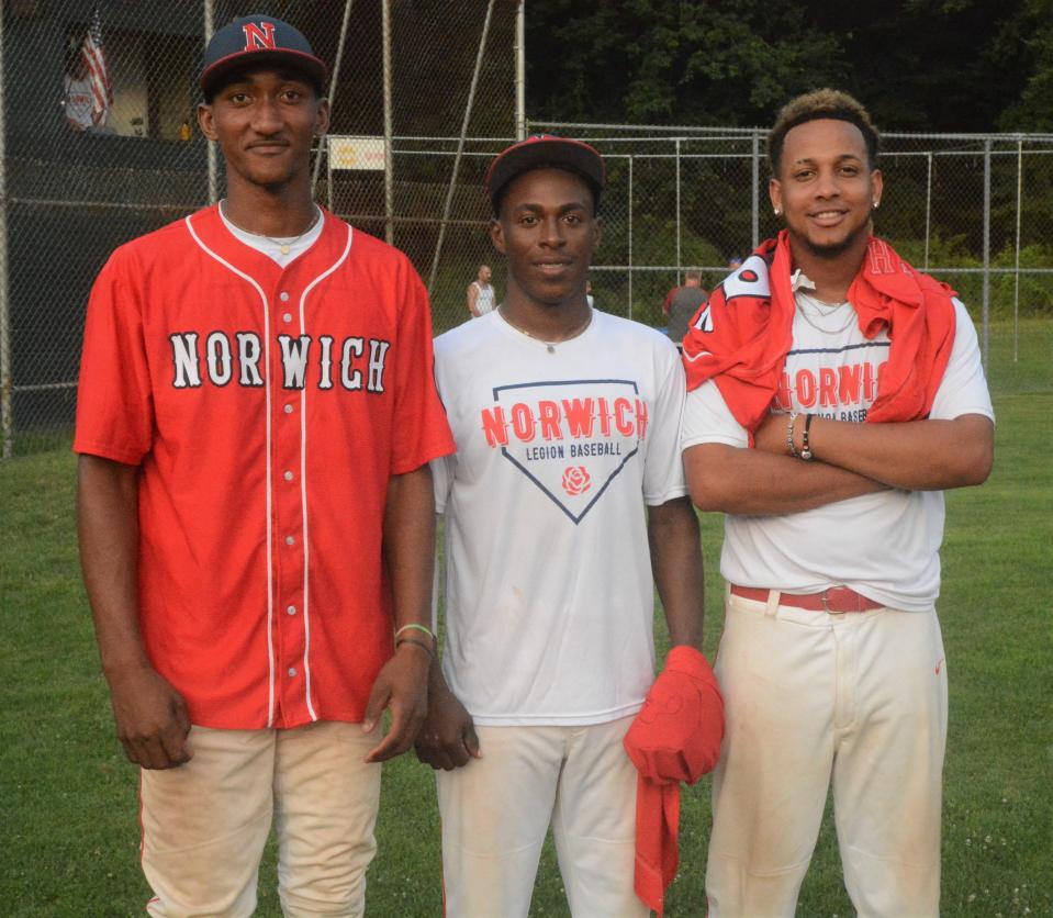 Norwich Legion players, from left, Randy Jimenez, Max Sanchez, and Jeremy Garcia-Munoz arrived in Norwich this summer from the Dominican Republic.