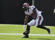 Tampa Bay Buccaneers running back LeSean McCoy (25) drops a pass in the endzone during the second half of an NFL football game against the Carolina Panthers Sunday, Sept. 20, 2020, in Tampa, Fla. (AP Photo/Jason Behnken)