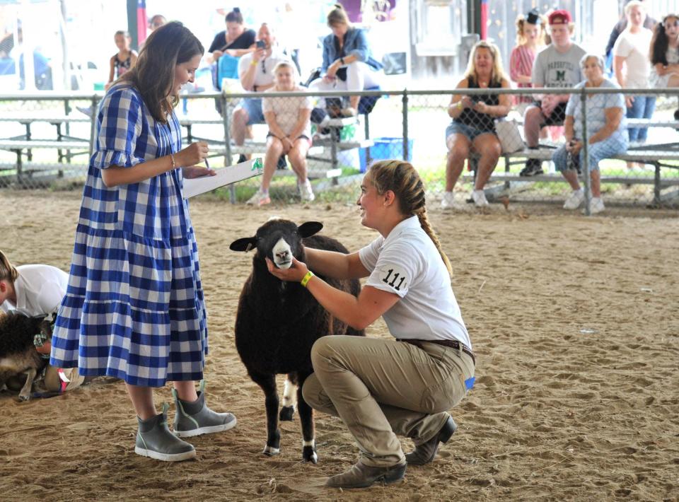 Kate Bilezakios, left, judges Dixy, held by Abigale Burns, 17, of Marshfield, during a 4-H sheep contest on opening day of the Marshfield Fair on Friday, Aug. 20, 2021.