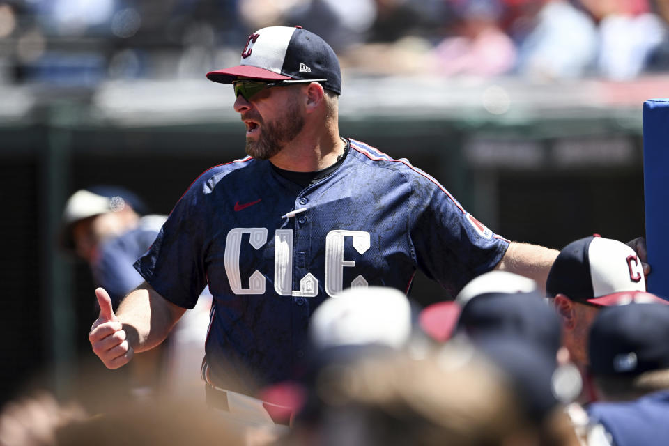 Cleveland Guardians manager Stephen Vogt yells to players during the fourth inning of a baseball game against the Kansas City Royals, Thursday, June 6, 2024, in Cleveland. (AP Photo/Nick Cammett)