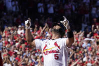 St. Louis Cardinals' Albert Pujols celebrates after hitting a solo home run during the third inning of a baseball game against the Pittsburgh Pirates Sunday, Oct. 2, 2022, in St. Louis. (AP Photo/Jeff Roberson)