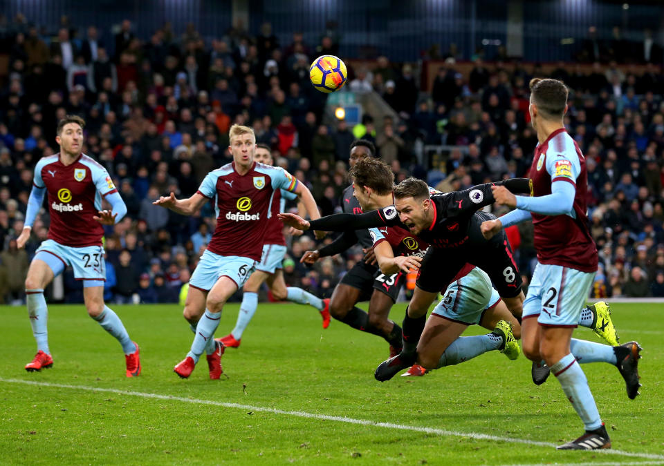 Aaron Ramsey wins the penalty that allowed Arsenal to beat Burnley. (Getty)