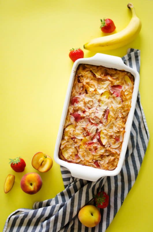 <p>Eazy Peazy Mealz</p><p>Packed with whole grains and fresh fruit, this will leave your family satisfied.</p><p><strong>Get The Recipe: <a href="https://www.eazypeazymealz.com/summer-fruit-breakfast-bake/" rel="nofollow noopener" target="_blank" data-ylk="slk:Summer Fruit Breakfast Bake;elm:context_link;itc:0;sec:content-canvas" class="link ">Summer Fruit Breakfast Bake</a></strong></p>
