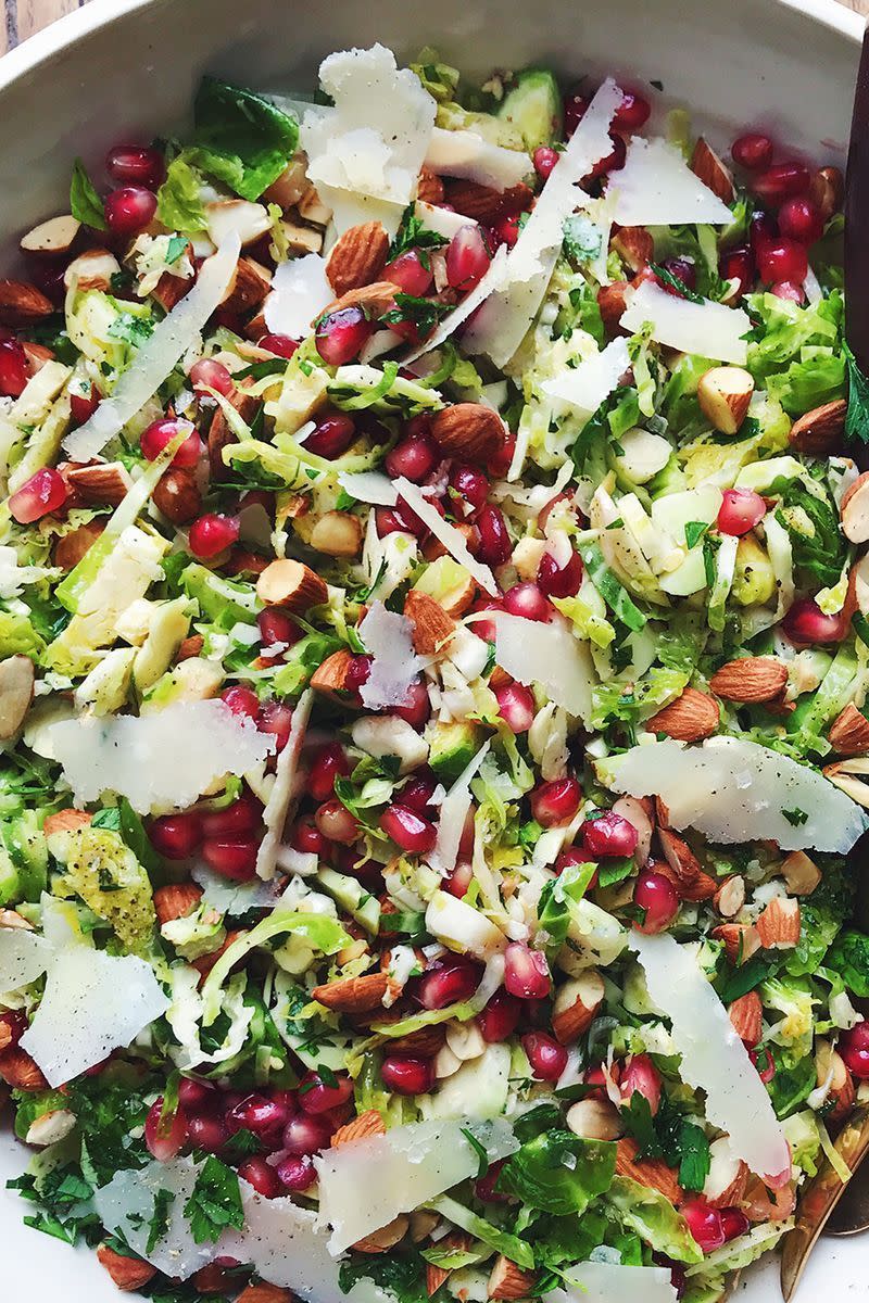 <p>Making a Brussels sprouts salad sounds intimidating, but it doesn't actually require much prep. Tossed with a combo of toasted almonds, shaved Parmesan, and pomegranate seeds, it's the best side for any get-together. </p><p>Get the <a href="https://www.delish.com/uk/cooking/recipes/a29696085/brussels-sprouts-salad-recipe/" rel="nofollow noopener" target="_blank" data-ylk="slk:Parmesan Brussels Sprouts Salad;elm:context_link;itc:0;sec:content-canvas" class="link ">Parmesan Brussels Sprouts Salad</a> recipe.</p>