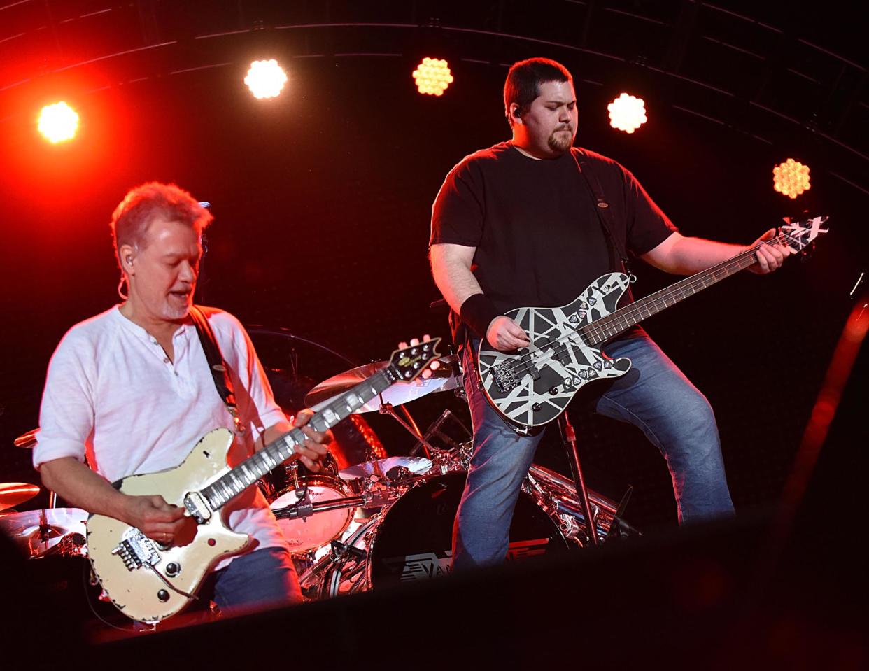Eddie performing with his son Wolfgang in Atlanta in 2015, on what would be Van Halen’s last tour. A few years before his death, Ed told Blair that his first priority was to help Wolf finish a solo album: “Everything else is secondary!!” - Credit: Chris McKay/Getty Images
