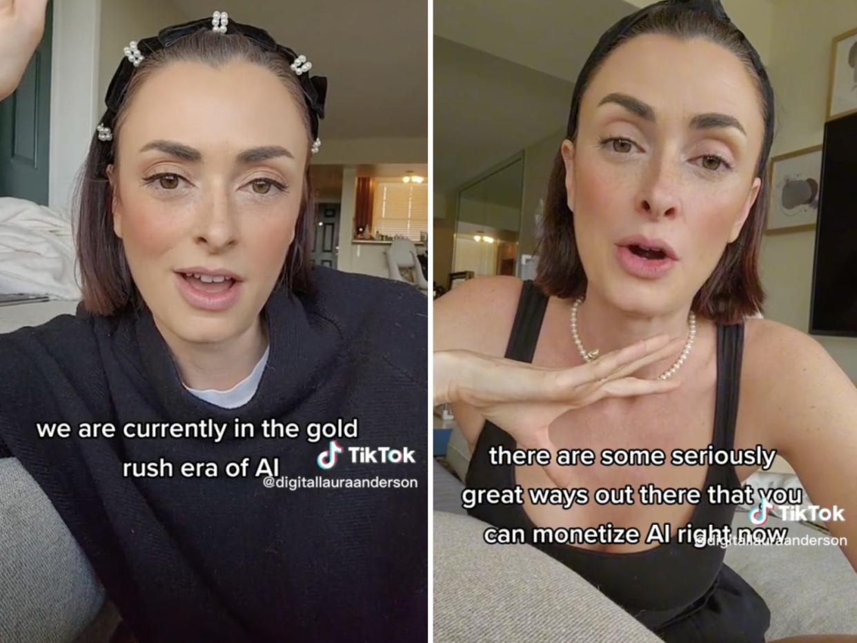 Screenshots from Laura Anderson's TikTok series about monetizing AI.
