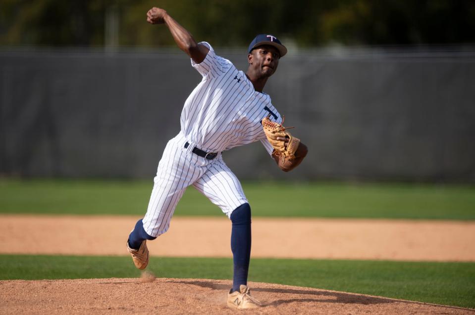 Trinity’s Xavier Boswell (3) pitches at Trinity Presbyterian School in Montgomery, Ala., on Tuesday, March 12, 2024. Saint James defeated Trinity 8-2.