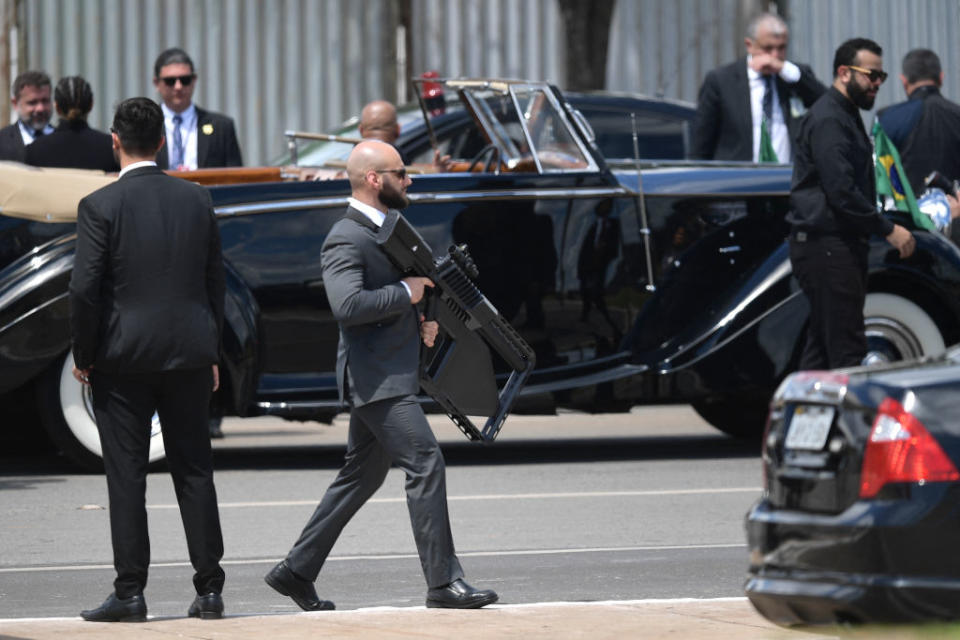 A security agent walks with an anti-drone gun during President-elect Luiz Inacio Lula da Silva's inauguration ceremony in Brasilia, on January 1, 2023.<span class="copyright">Carl de Souza—AFP/Getty Images</span>