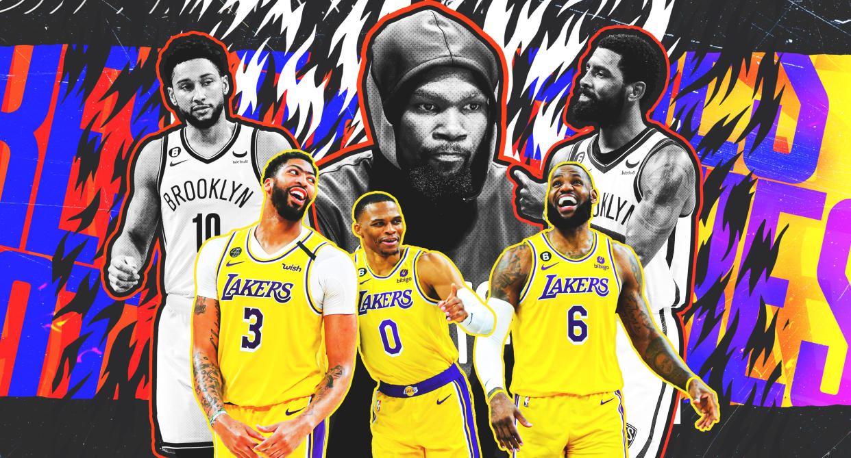 From left, top row: Brooklyn Nets' Ben Simmons, Kevin Durant and Kyrie Irving; bottom row: Los Angeles Lakers' Anthony Davis, Russell Westbrook and LeBron James. (Graphic by Erick Parra Monroy/Yahoo Sports)
