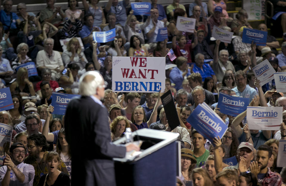 Sen. Bernie Sanders speaks at a campaign rally on July 6, 2015 in Portland, Maine.