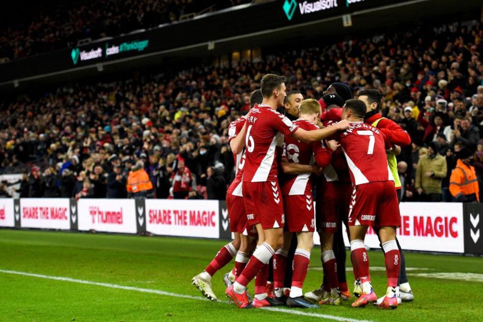 Middlesbrough celebrate after scoring against Nottingham Forest on Boxing Day in front of the Championship’s biggest crowd of the season.