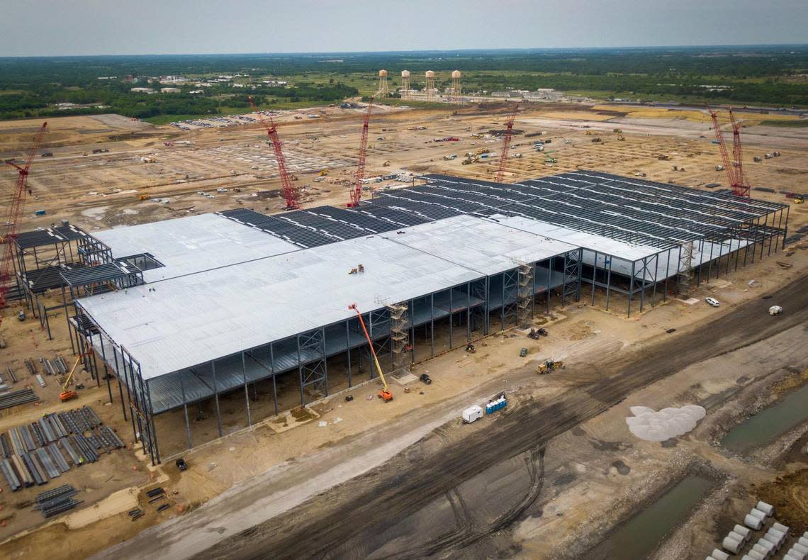 Work at the new Panasonic electric vehicle battery plant continues on Friday, July 7, 2023, in De Soto, Kansas. The plant, which will manufacture batteries for Telsa, is expected to employ about 4,000 employees and is being built on the former Sunflower Army Amunitions plant property.