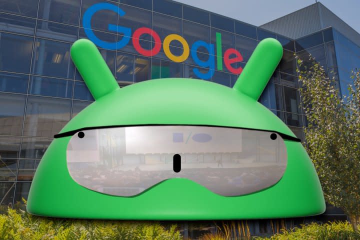 Google's Android logo wears an XR headset.