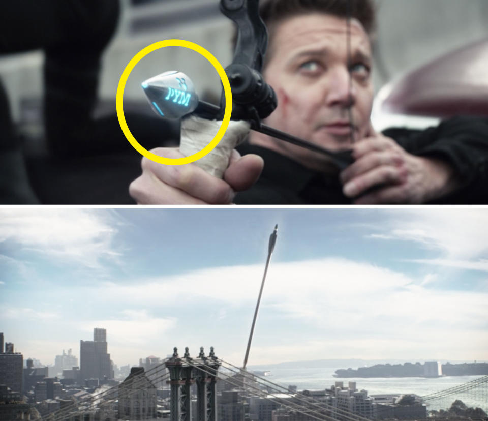 In the comic, Clint's final arrow during the car chase is a boomerang arrow.