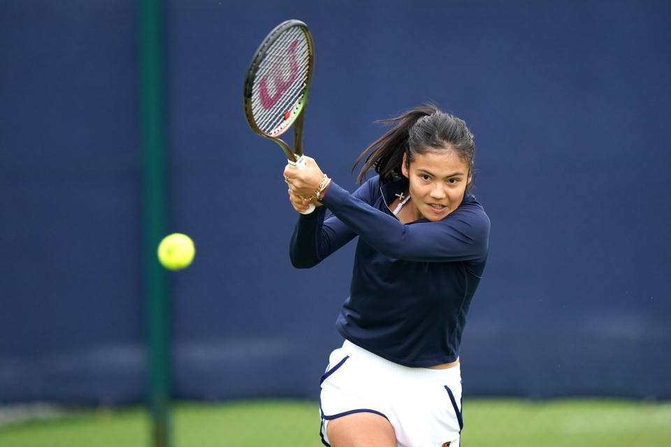 Great Britain's Emma Raducanu training on day three of the Rothesay Open 2022 at Nottingham Tennis Centre, Nottingham. Picture date: Monday June 6, 2022. (Photo by Tim Goode/PA Images via Getty Images)