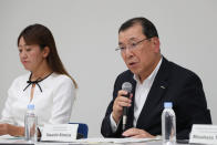 Nissan Motor Co.'s chair of the board of directors Yasushi Kimura, right, speaks during a press conference in the automaker's headquarters in Yokohama, near Tokyo, Monday, Sept. 9, 2019. Calls for resignation, which arose after the arrest last year of his predecessor Carlos Ghosn on various financial misconduct allegations, have grown louder after Nissan Chief Executive Hiroto Saikawa acknowledged last week that he had received dubious payments. The automaker's board is meeting Monday to look into the allegations against Saikawa. Independent outside director Keiko Ihara is at left. (AP Photo/Koji Sasahara)