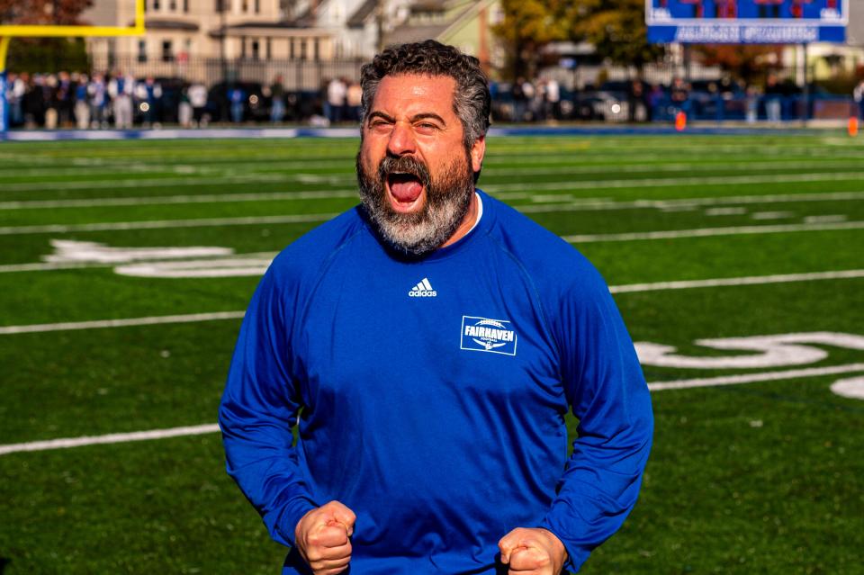 Fairhaven coach Derek Almeida is fired up with the 14-7 victory over Dartmouth on Thanksgiving.