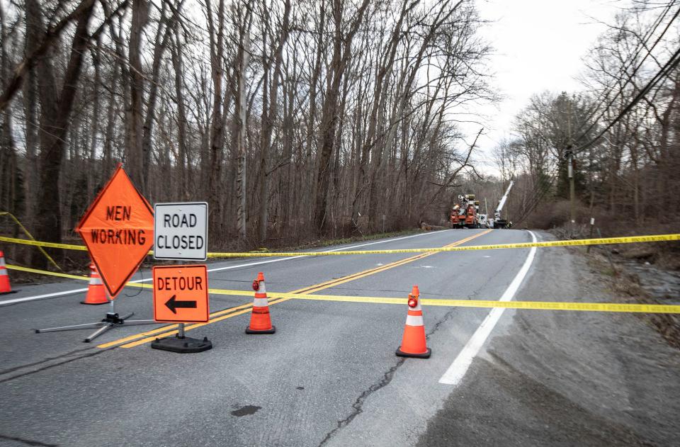 Route 172 in Bedford was closed during the morning hours March 11, 2024 after high winds brought down the power lines several hundred yards east of the intersection of Pine Brook Road and Loop Road.