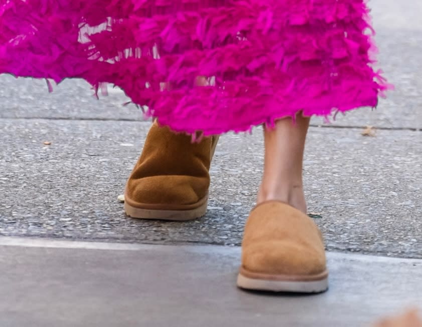 A closer look at the Ugg slippers worn by Selena Gomez on the set of Only Murders in the Building