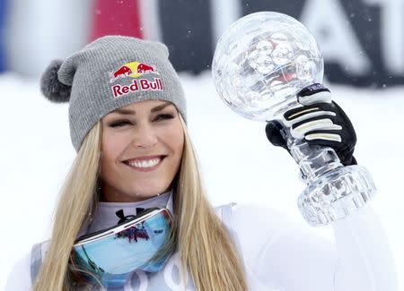 Alpine Skiing - Alpine Skiing World Cup - Women's Downhill race - St. Moritz, Switzerland - 16/3/16 - Lindsey Vonn from the U.S. reacts REUTERS/Arnd Wiegmann Picture Supplied by Action Images