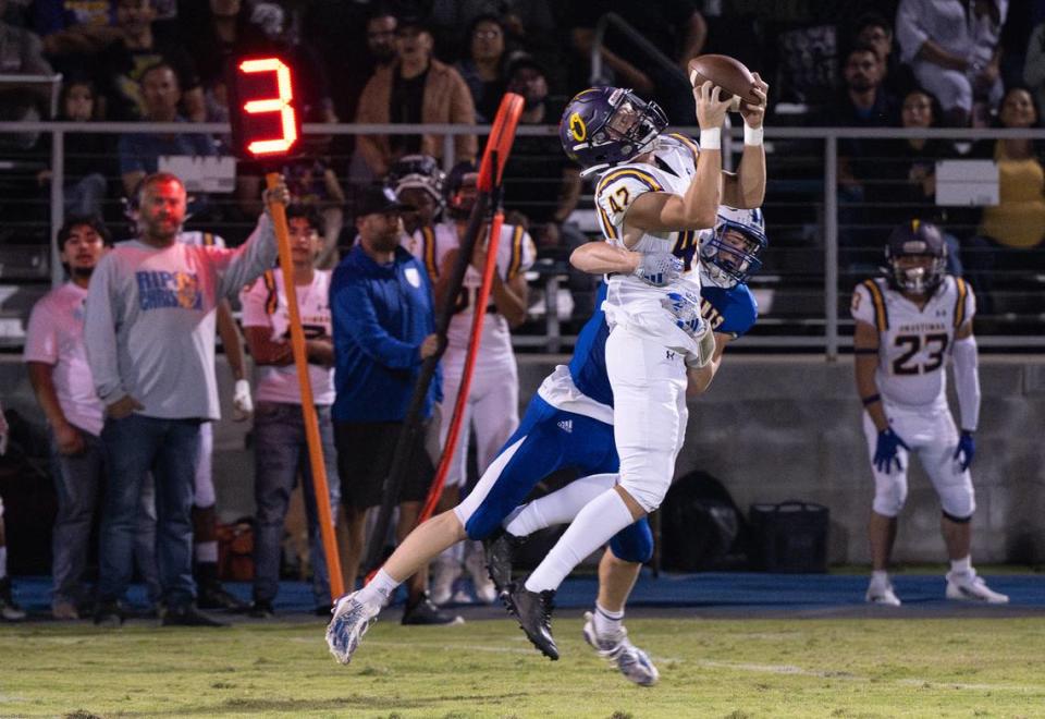 Orestimba’s Dylan McCauley makes a catch during the Southern League game with Ripon Christian in Ripon, Calif., Friday, Sept. 22, 2023.