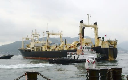 Nisshin-Maru, the primary vessel of the Japanese whaling fleet which is set to join the resumption of commercial whaling, departue at a port in Shimonoseki, Yamaguchi Prefecture, Japan