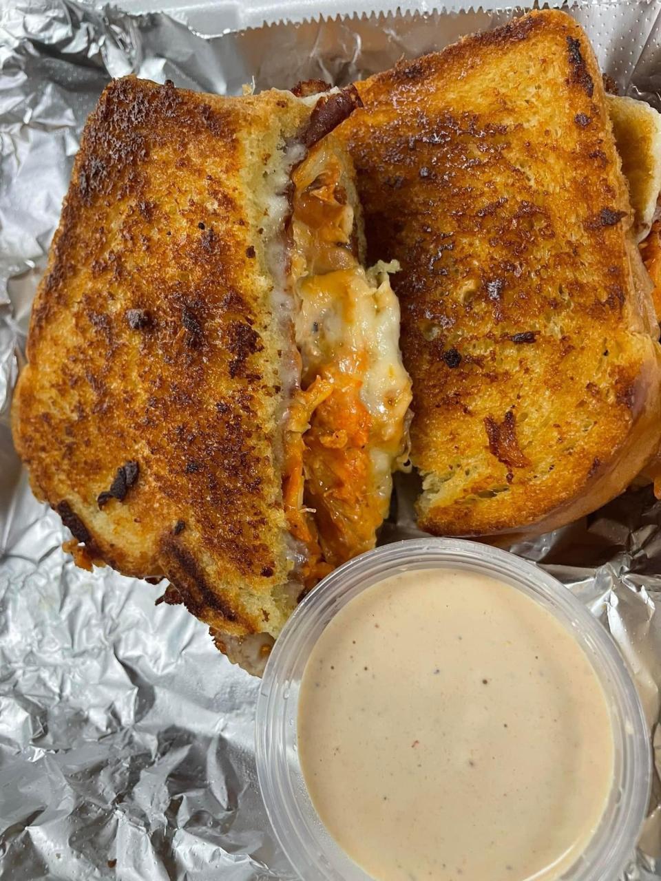 The chicken Mozambique grilled cheese at Hometown’s Tacos Locos, 264 Broadway, Taunton.