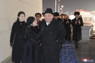 In this photo provided by the North Korean government, North Korean leader Kim Jong Un, front right, with his daughter and his wife Ri Sol Ju, left, attend a military parade to mark the 75th founding anniversary of the Korean People’s Army on Kim Il Sung Square in Pyongyang, North Korea Wednesday, Feb. 8, 2023. Independent journalists were not given access to cover the event depicted in this image distributed by the North Korean government. The content of this image is as provided and cannot be independently verified. Korean language watermark on image as provided by source reads: "KCNA" which is the abbreviation for Korean Central News Agency. (Korean Central News Agency/Korea News Service via AP)