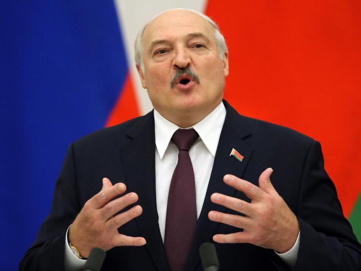 Belarussian President Alexander Lukashenko speaks during a joint press conference at the Kremlin on September 9, 2021 in Moscow, Russia.