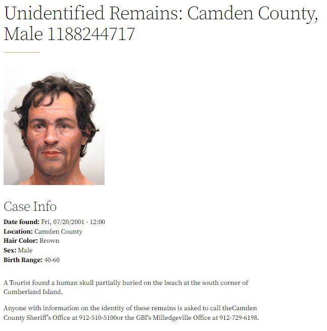 An unidentified man was found in Camden County on July 20, 2001.