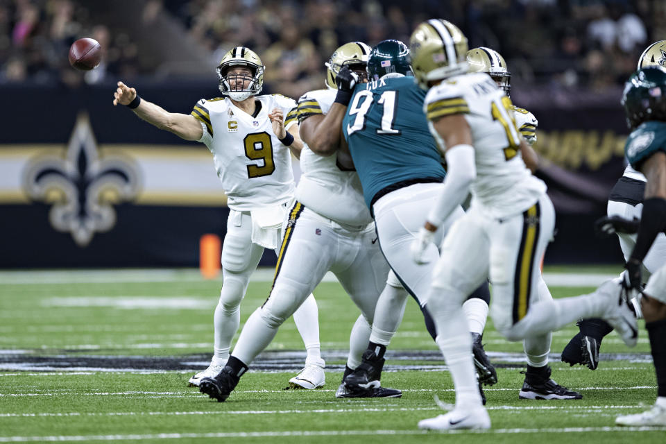 Fletcher Cox (91) and the Eagles are hoping for a remarkable turnaround compared to their last trip to New Orleans against Drew Brees and the Saints. (Getty Images)