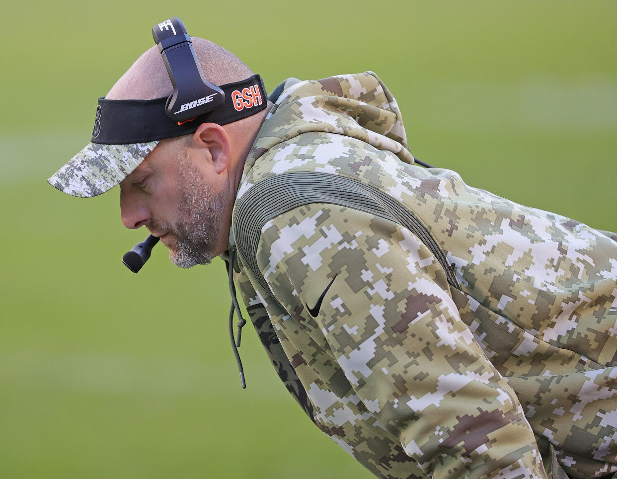 CHICAGO, ILLINOIS - NOVEMBER 21: Head coach Matt Nagy of the Chicago Bears reacts after the Baltimore Ravens score a touchdown in the final minute at Soldier Field on November 21, 2021 in Chicago, Illinois. The Ravens defeated the Bears 16-13. (Photo by Jonathan Daniel/Getty Images)