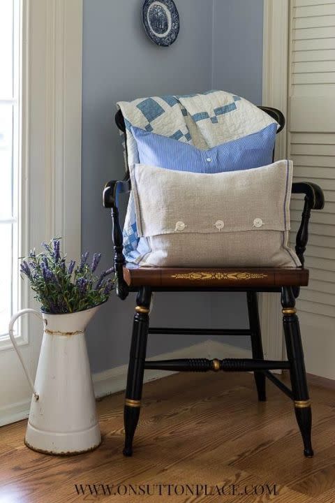 Turn old linens into a no-sew tea towel pillow.