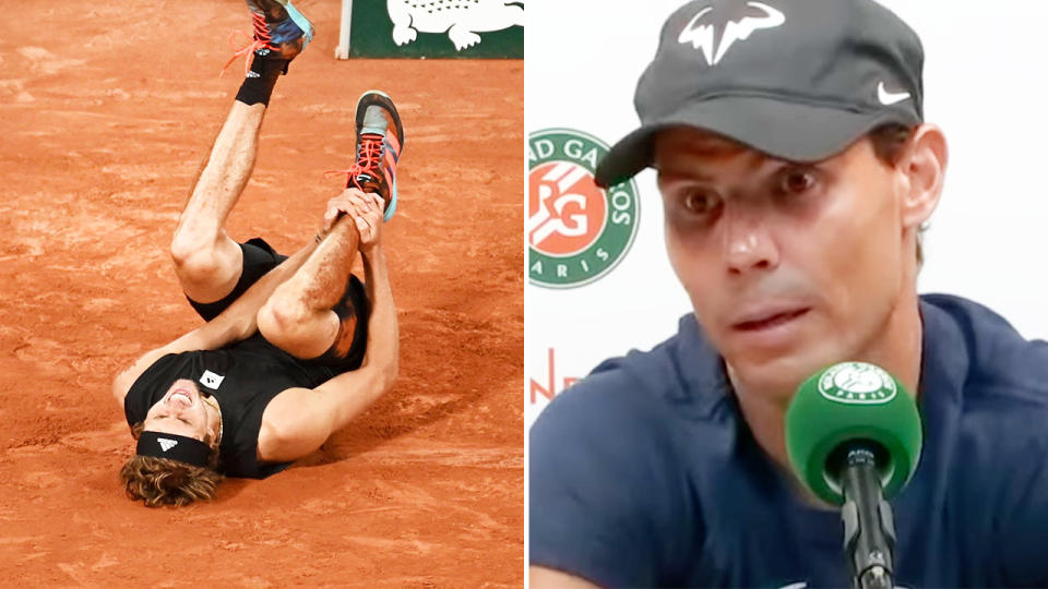 Rafa Nadal, pictured here being asked a bizarre question in the wake of Alexander Zverev's injury.