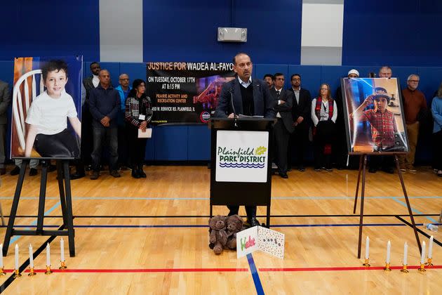 Dilawar Syed, deputy executive of the Small Business Administration, speaks at a vigil for a slain Palestinian American boy, Wadea al-Fayoume, last Tuesday.