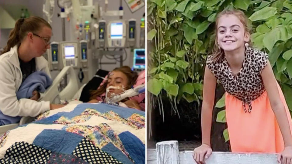 Picture of Lily in hospital after she contracted the parasite and picture on the right before she became ill